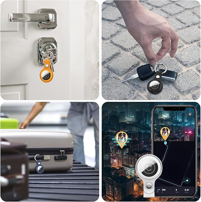 RFUNGUANGO Airtags Holder Keychain Keyring, 4 Pack Leather Case Cover for Women Men Kids with Apple Air Tag GPS Tracker Item Finders-Black,Yellow,Blue,White