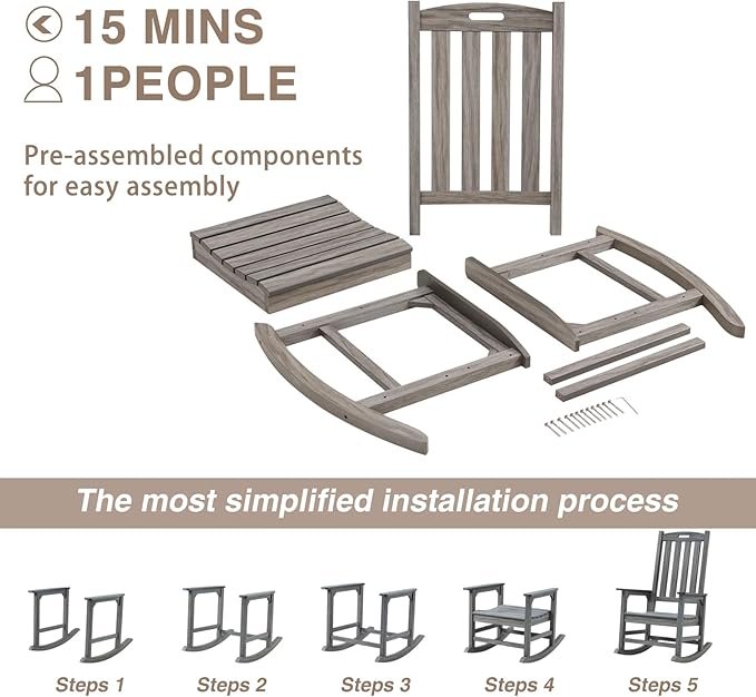 Psilvam Outdoor Rocking Chair, Poly Lumber Oversized Rocking Chair with 21" Wide Seat and 32" Tall Backrest, Pre-Assembled with Most Components for Effortless Installation(Light Gray)