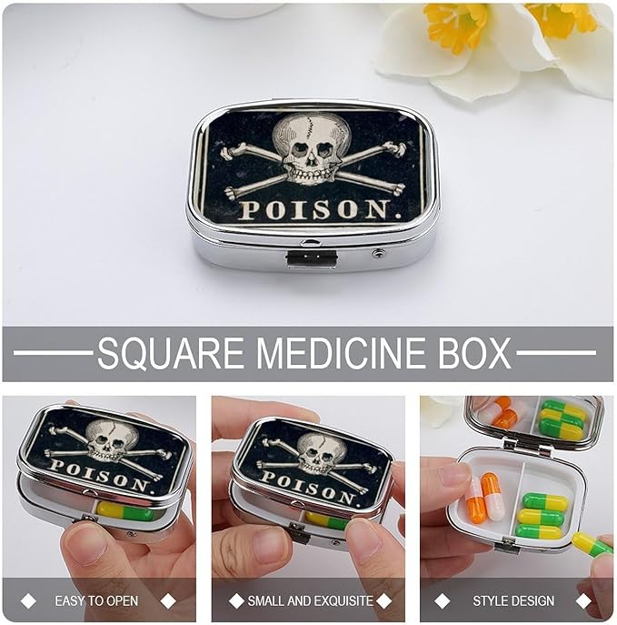 Metal 2 Compartment Pill Organizer Travel Friendly Portable Compact Pill Box Cute Pill Case to Hold Vitamins,Fish Oil,Supplements,Meds,Tablet for Purse,Pocket. (A Skeleton with a Black Background)