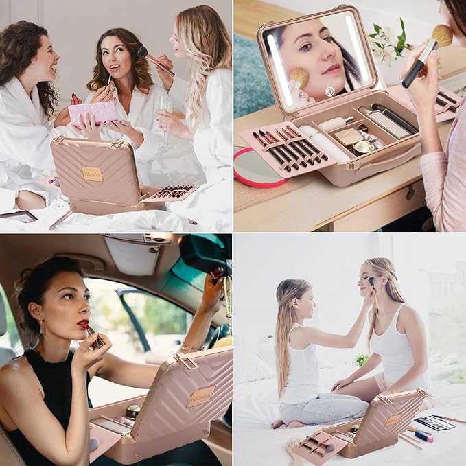 Mocado Travel Makeup Case with Lighted Mirror, 8 Makeup Brushes & 10x Magnifying Mirror, Adjustable Brightness Train Case (Pink)
