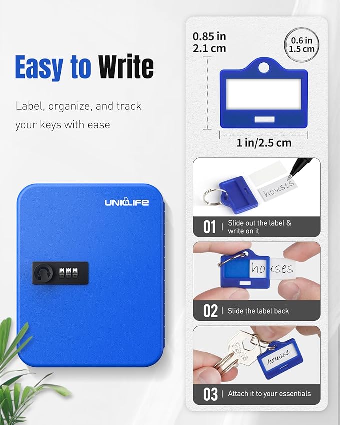 Uniclife 20 Keys Key Lock Box with Code, Wall Mount Lock Box for Keys with Code, Key Organizer with Tags, Key Cabinet, Key Storage Box for Home Office & Company, Blue