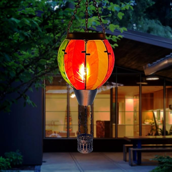 Colorful Hot Air Balloon Solar Lantern with Flickering Flame Light Glass Hanging Solar Lanterns Outdoor Waterproof for Garden Tree Yard Patio Party Decor