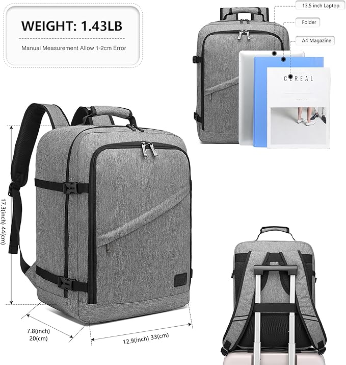 Kono Carry on Backpack, 18" Airplane Approved Under Seat Travel Backpack for Men and Women, Waterproof Lightweight Daypack for Flight 30L (Grey, Medium)