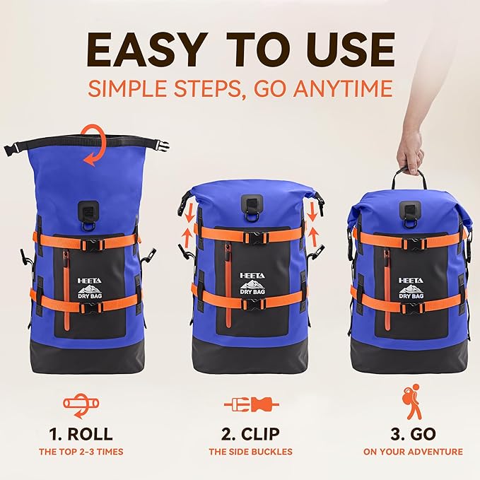 HEETA Dry Bags Waterproof Backpack 40L for Men & Women, Roll Top Heavy Duty Cushioned Hiking Backpack for Kayaking Boating Paddle Boarding Fishing Travel Camping Beach Vacation Cruise Ship Essentials