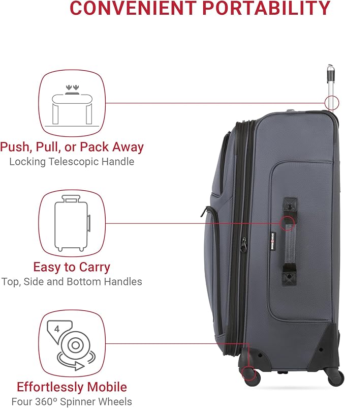SwissGear Sion Softside Expandable Luggage, Dark Grey, Checked-Large 29-Inch