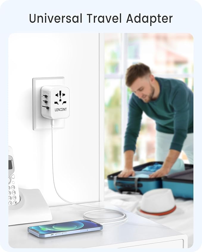 LENCENT Universal Travel Adapter, PD20W International Charger with 2 USB Ports & Type-C Fast Charging Adaptor, Worldwide Wall Charger for iPhone,Laptop, USA/UK/EU/AUS (White-20W)
