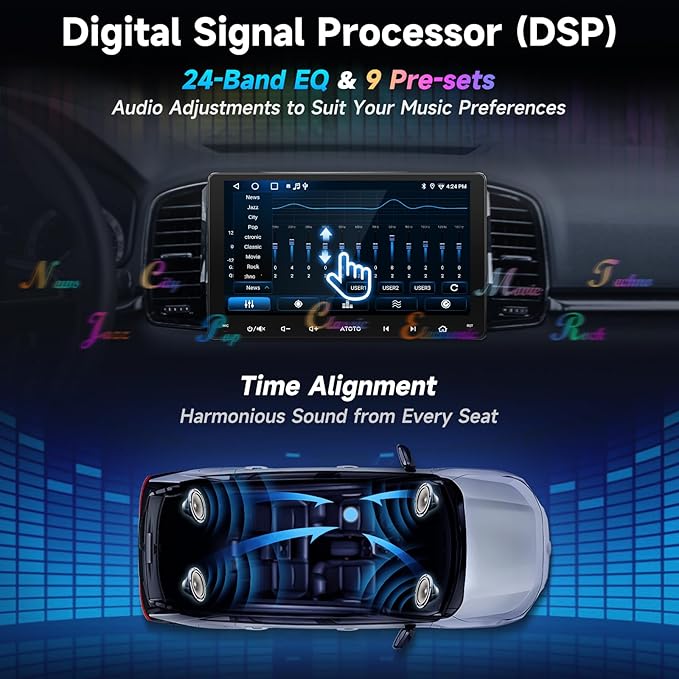 Double-DIN Car Stereo 9 Inch Android Car Radio, Wireless CarPlay&Android Auto, Backup Camera and Dashcam, AI Dialogues, WiFi/BT/USB, GPS Tracking, 24B EQ&DSP, 4 * 45W AMP