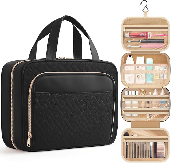 HOTOR Travel Toiletry Bag for Women & Men, Waterproof Makeup Bag with Hanging Hook and Multiple Pockets, Cosmetic Bags for Women, Travel Essentials, 12.6'' x 4.3'' x 9.9'', Black