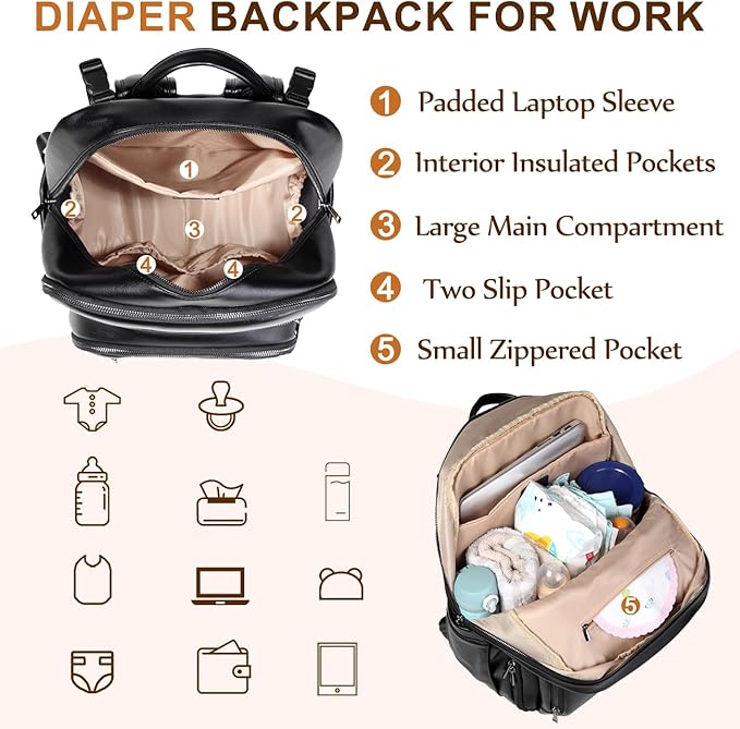 VASCHY Diaper Bag Backpack for Mum Dad, Unisex Large Waterproof Vegan Leather Baby Bag with Changing Pad,Insulated Pockets,Padded Laptop Sleeve for Travel,Black