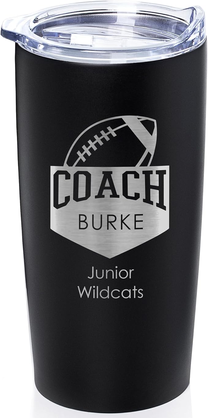 Lifetime Creations Personalized Football Coach Tumbler: Custom Football Coach Gift, Coaches Coffee Travel Mug from Team, Insulated Engraved Stainless Steel 20 Ounce Cup (Matte Black)