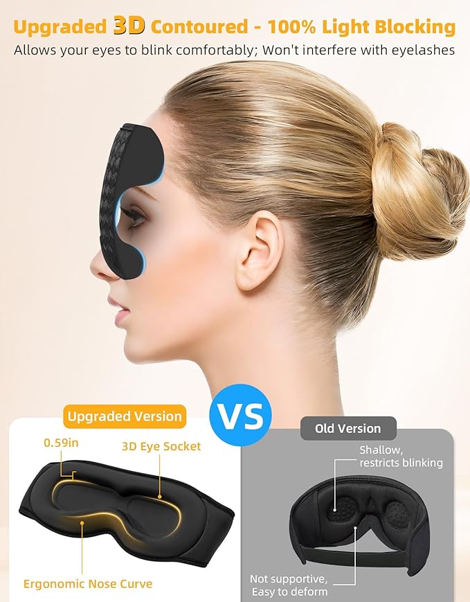 3D Contoured Sleep Mask with Bluetooth Headphones, Adjustable Blackout Sleeping Mask, Easy Installation Sleeping Headphones with Ultra-Thin Stereo Speakers for Men, Women - Embroidered Blue