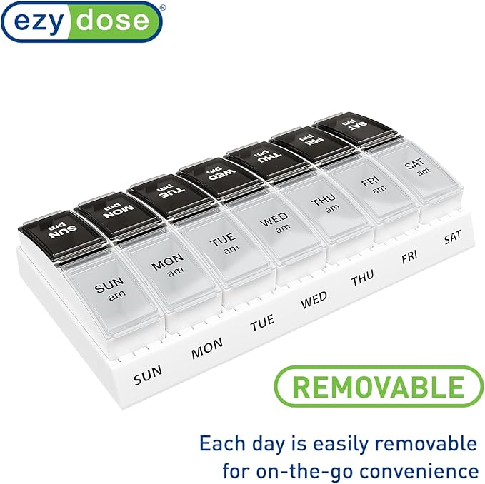 EZY DOSE Weekly (7-Day) Daily AM/PM Pill Case, Medicine Planner, Vitamin Organizer, Supplement Container, Small Pop-out Compartments, Designed for Travel, 2 Times a Day, Black and Clear Lids
