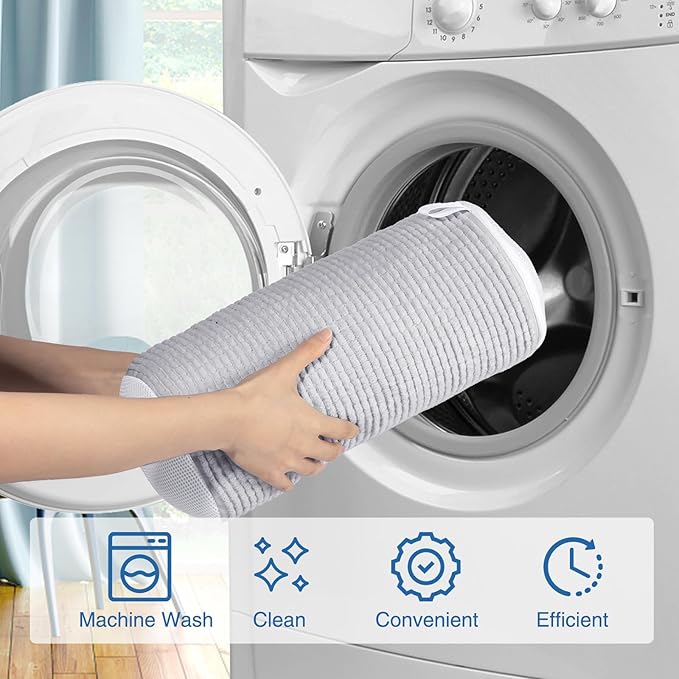 Shoe Laundry Bags for Washing Machine, 2024 New Reusable Laundry Shoe Bag for Washer and Dryer, Fluffy Fibers 360° Wrap-Around Cleaning, 2 Pairs Adjustable Shoe Trees for All Shoes, ‎Gray