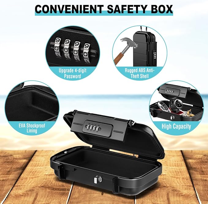 HUANLANG Portable Safe Lock Box with Combination Lock Mini Beach Travel Safe Waterproof Small Lockable Box with Removable Wire Rope Combination Safe Box for Dorm,Travel,Beach,Hotel,Car,Home,Office