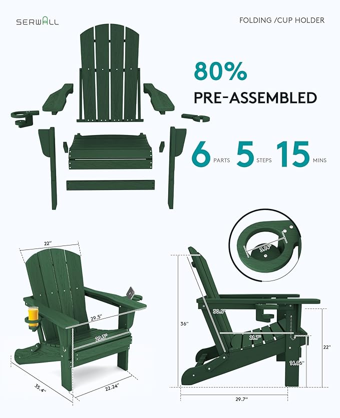 SERWALL Adirondack Chair with Cup Holders - Composite Adirondack Chairs Set of 2 HDPE Outdoor Chairs All Weather Use- Green