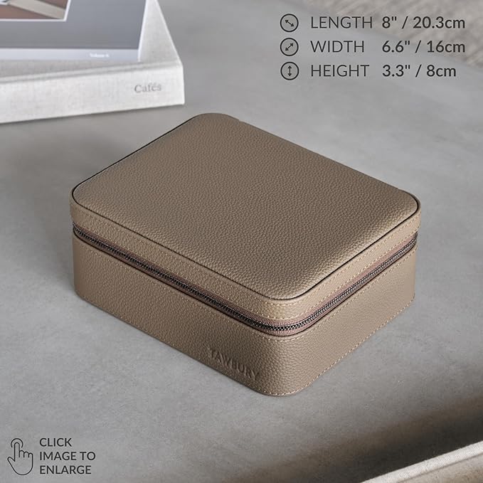 TAWBURY Luxury Leather Watch Box - Unisex Travel Case With Zipper Closure | Taupe Top-Grain Genuine Leather Roll | 3 Watch Carrying Case for Men