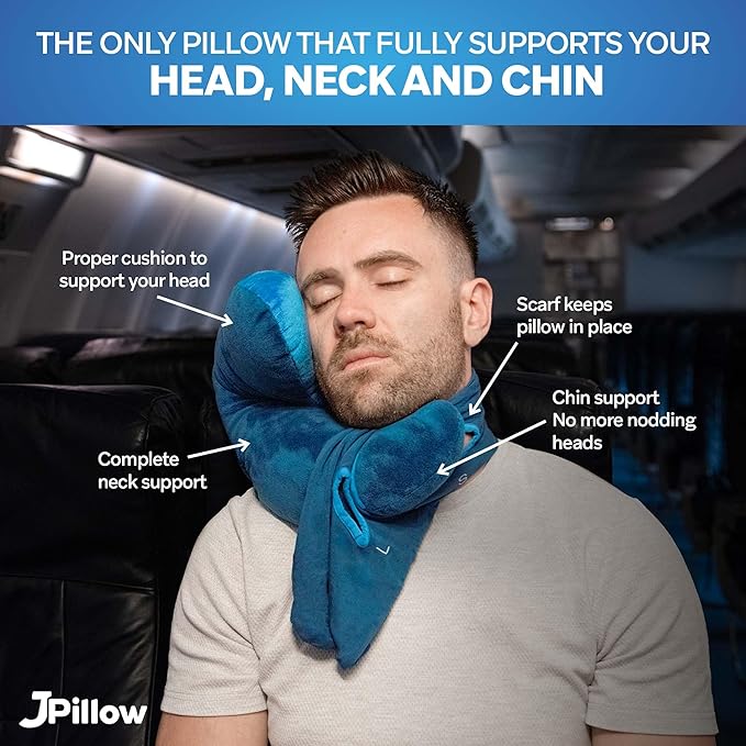 JPillow Travel Pillow for Airplanes – A Little Bulky, Expensive, and Takes a Couple of Minutes to Master, but Supports Your Head and Neck in Genuine Luxury – British Invention of The Year (Blue)