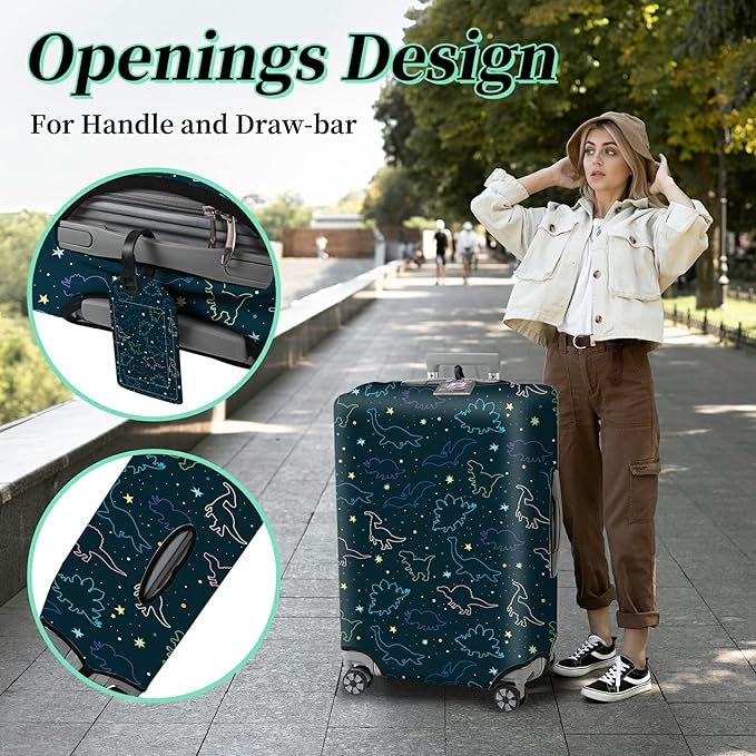 Luggage Cover Suitcase Protector Plus 1 Luggage Tag, Dinosaurs Space Travel Suitcase Cover Suitable for 29-30 inch Luggage (XL) with Concealed Zipper Washable Elastic Cloth Dustproof Anti-Scratch