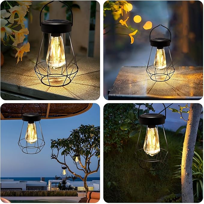 Solar Lanterns Outdoor Lights,Metal Hanging Solar Lights Outdoor Waterproof,Auto On/Off with Edison Bulb Retro Light for Yard Garden Patio Backyard Pathway Decor 2 Pack