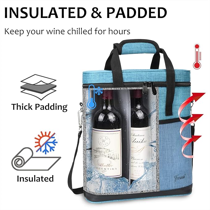 Tirrinia Insulated Wine Gift carrier - 3 Bottle Travel Padded Wine Carry Cooler Tote Bag with Handle and Adjustable Shoulder Strap, Blue