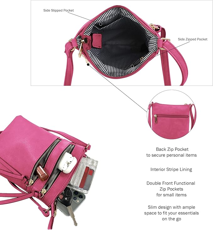 DELUXITY | Crossbody Purse Bag | Functional Multi Pocket Double Zipper Purse | Adjustable Strap | Medium Size Purse |Fuchsia