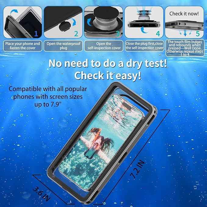 Waterproof Phone Pouch Underwater Protect Bag Wet Touch/Floating Snorkeling/Heavy Duty Hard Phone Case with Lanyard Compatible with iPhone 16 Pro Max/15/14/13 Samsung Galaxy S25-Black