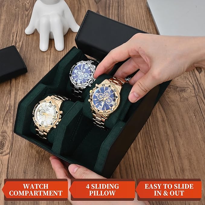 Watch Roll Travel Case for 4 Watchs Storage and Organizer-Secure Storage with Innovative Slide Pillows & Solid Dividers for Home Storage, Protect and Display