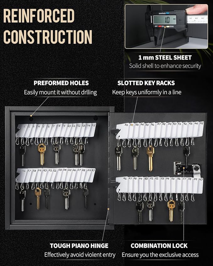 Uniclife 60 Position Slotted Key Cabinet with Combination Lock Resettable Black Digital Security Storage Box Steel Key Organizer with Slotted Racks White Key Tag Labels and Permanent Pen