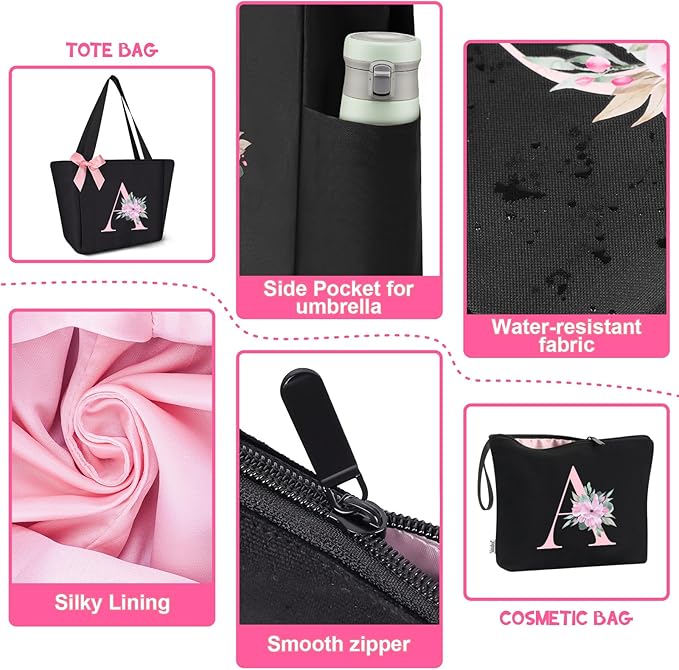Vavabox Tote Bag, A-Z Initial Monogrammed Waterproof Tote Bag, Bridesmaid Gifts for Women, Black and Pink