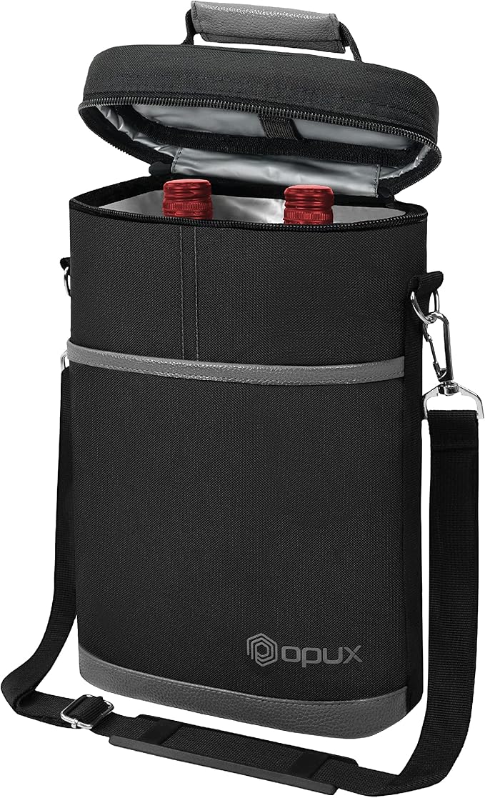 OPUX 2 Bottle Wine Carrier Tote, Insulated Leakproof Wine Cooler Bag, Wine Travel Bag Tote for Picnic BYOB Beach, Portable Wine Bottle Carrying Case, Gift for Wine Lover Women Men Christmas, Dark Grey