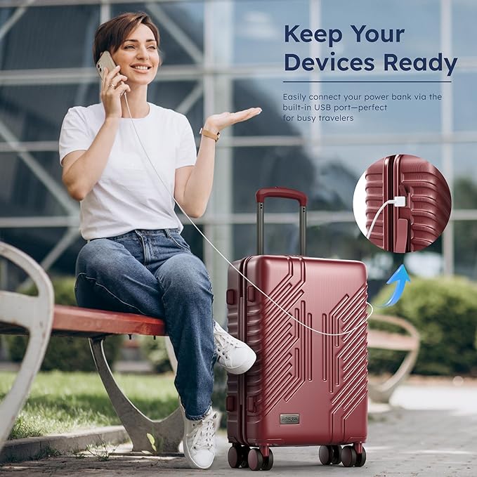 ALPHA CAMP 20-inch Carry On Luggage Airline Approved - PC+ABS Lightweight Suitcase with Built-in TSA Lock，Hard-shell Durable Rolling Luggage with USB Port