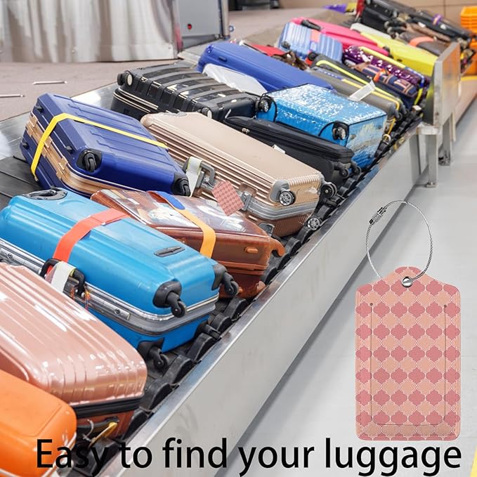 Pink Moroccan Plaid 2 Pack Luggage Tag for Suitcase, Leather Bag Tags Identifiers Privacy Cover ID Label with Steel Loop for Women Men Kids Girls Travel