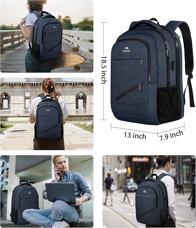 MATEIN 17 Inch Laptop Backpack, Large College Backpack Carry On TSA Approved with Trolley Sleeve, Computer Work Bag with USB Charging Port, Water Resistant Travel Daypack for Men, Dark Blue