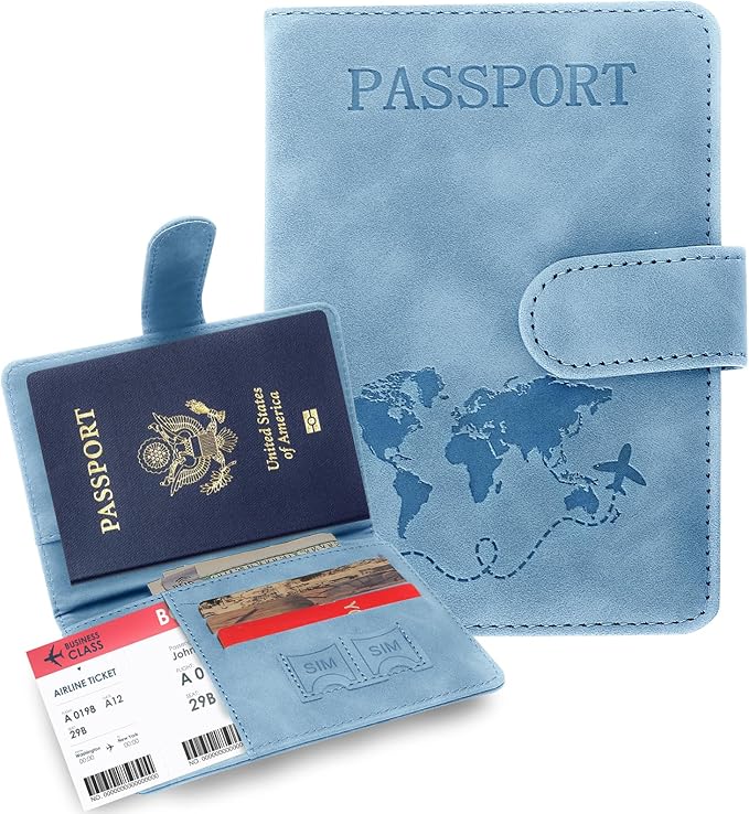 Passport Holders, RFID Blocking Credit Card Holder, PU Leather Vaccine Card Holders for Travel with Magnetic Buckle, Travel Must Haves Cruise Ship Essentials for Men, Women (Blue)
