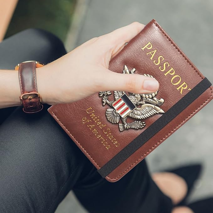 Passport Holder for Travel Passport Cover for Men Passport Wallet Case With 3D Metal Badge Protector Leather Card Case RFID Blocking Women Travel Accessories Document Organizer (Brown)