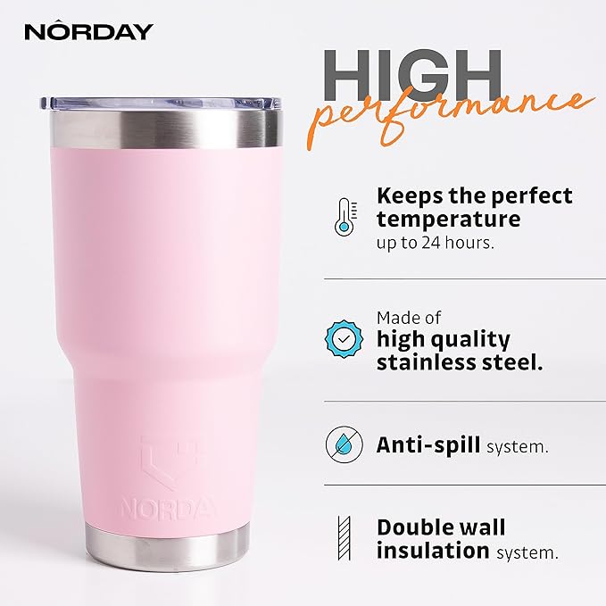 NORDAY | Tumbler with Lid - 30oz - Light Pink Insulated Tumbler - Stainless Steel Tumblers - Double Wall Insulated Travel Coffee Mug for Car Cup Holder - Keeps Temperature for 24hr - Anti Spill Lid