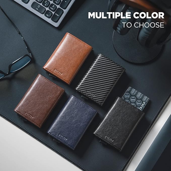 VULKIT Pop up Card Wallet Minimalist Cash Wallets RFID Blocking Leather Smart Credit Card Holder with ID window for Men(Brown)
