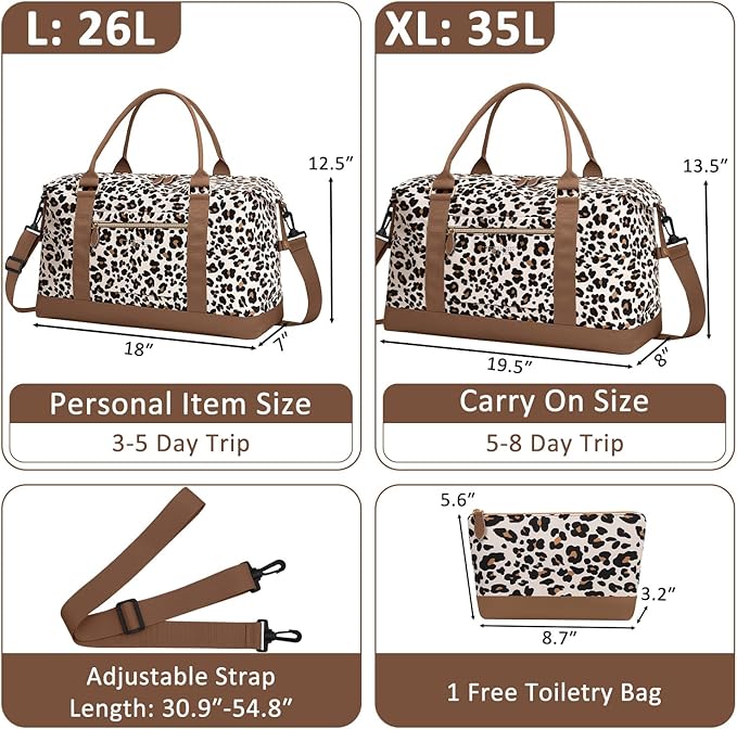 Travel Duffle Bag for Women, Weekender Bags, Hospital Bag for Labor Delivery,Lightweight Tote Duffel Overnight Bag with Luggage Sleeve,Airplane Travel Bags with Toiletry Bag,X-Large,Leopard
