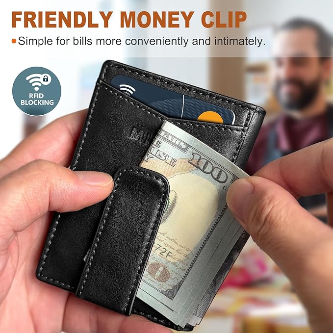 Airtag Wallet for Men- with Money Clip Gift Boxed, Magnetic Closure Slim Genuine Leather Front Pocket Wallet, 4.1"x 2.8", RFID Blocking