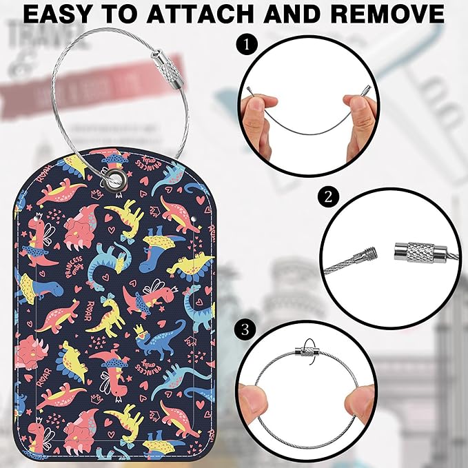Colorful Dinosaur Leather Luggage Tag for Suitcase 2 Pack Luggage Tag with Privacy Name ID Label and Stainless Steel Loop for Travel Bag Suitcase