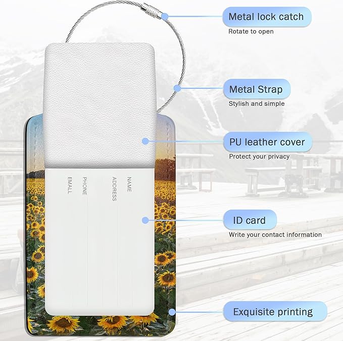 Luggage Tags for Suitcase,Field Sunflowers Sunset Luggage Tags of Set 2 Leather Identifiers Privacy Cover with Stainless Steel Loop for Women Men Travel Bag Suitcase