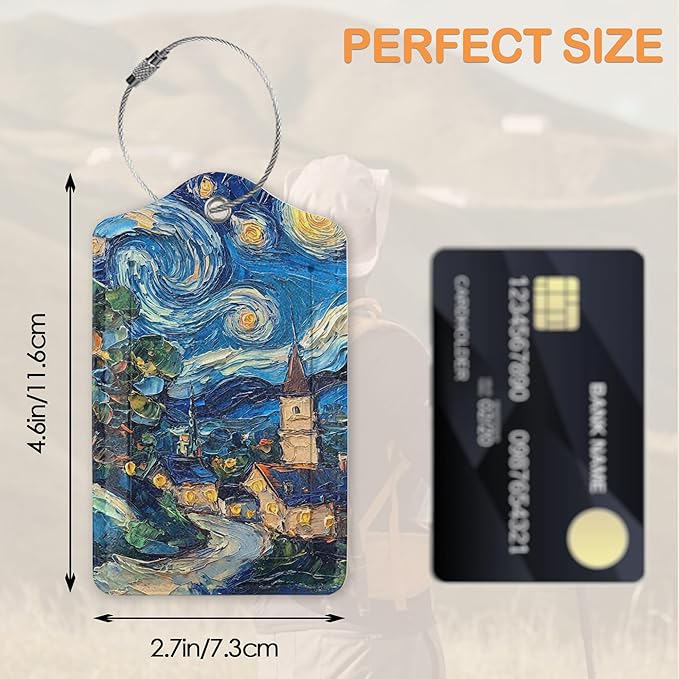 Starry Night Swirl 3 Pack PU Leahter Luggage Tag with Stainless Steel Loop, Retro Style Starry Village Travel Suitcase Labels with Privacy Cover ID Label Quickly Spot for Bags