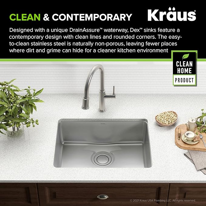 KRAUS Dex 25-Inch Undermount Single Bowl TRU16 Gauge Stainless Steel Kitchen Sink with DrainAssure WaterWay and VersiDrain Assembly in Radiant Pearl Finish, KD1US25B