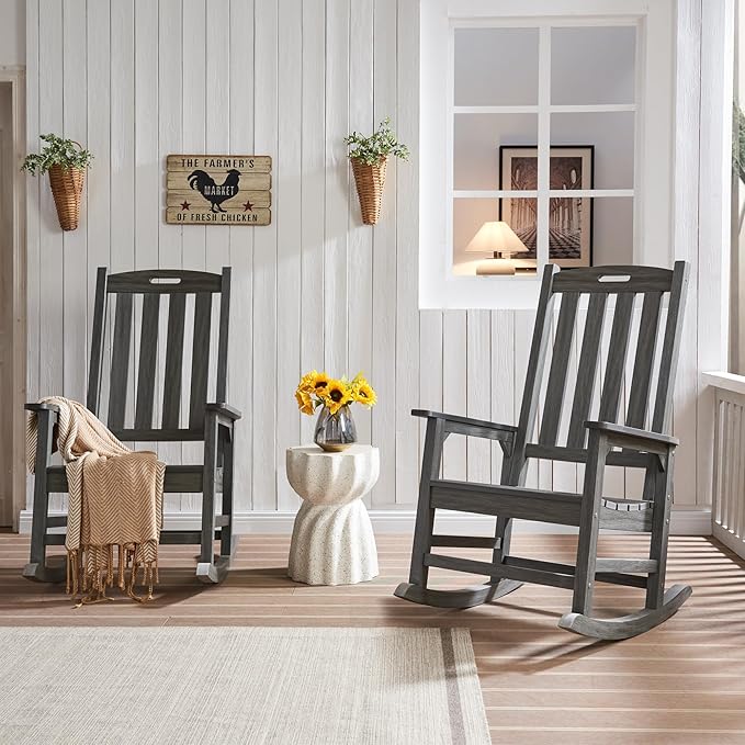 Psilvam Outdoor Rocking Chair Set of 2, Poly Lumber Oversized Rocking Chair with 21" Wide Seat and 32" Tall Backrest, Pre-Assembled with Most Components for Effortless Installation(Dark Gray)