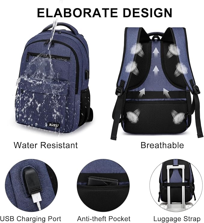 Laptop Backpack for Men Teens Boys, Water-Resistant 15.6 Inch College Bookbag with USB Charging Port, School Backpack for Students, Blue