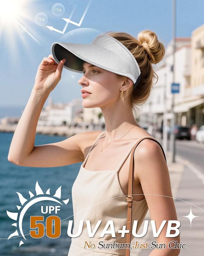 Sun Visor Hats for Women,UPF50+ Wide Brim Sun Hats Adjustable Foldable Beach Hats for Daily Travel