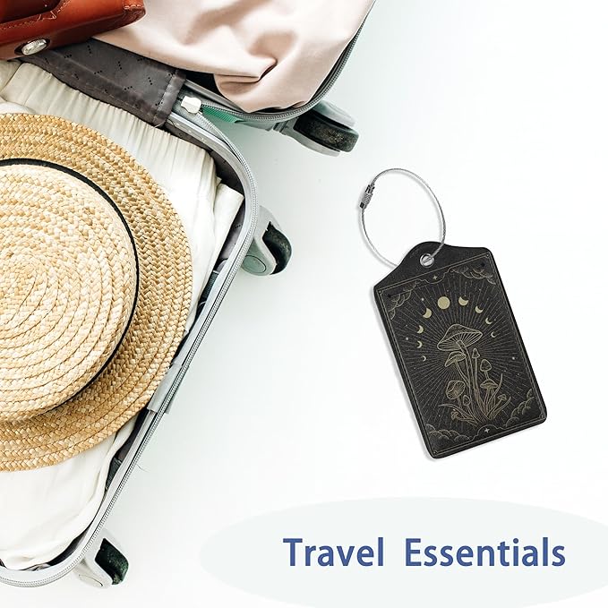 Zodiac Moon Phase Luggage Tag for Suitcase, Mushroom Luggage Tag with Privacy Flap & Name ID Label & Metal Loop, Travel Suitcase Tags for Women