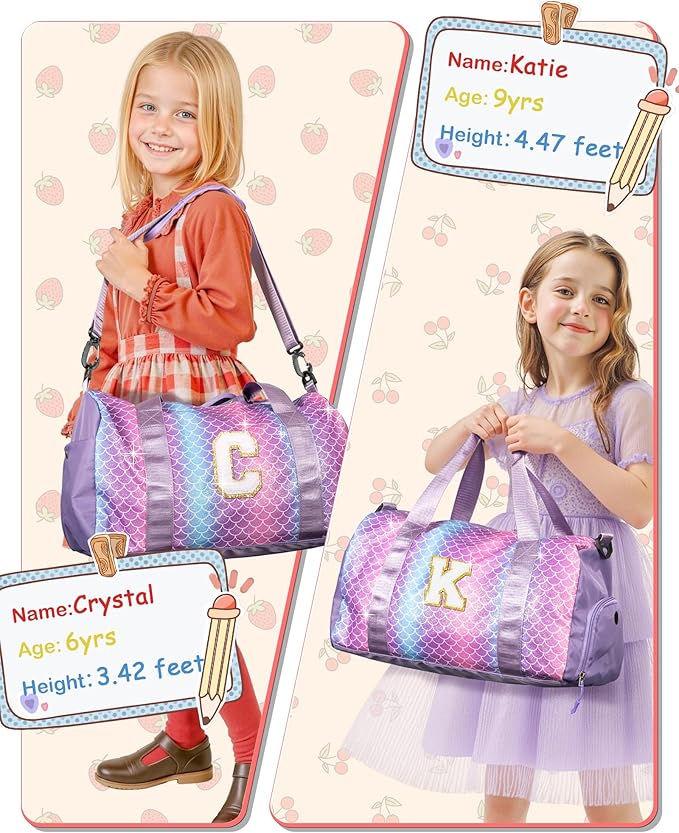 Birthday Gifts for 4 5 6 7 8 9 10 11 12 13 Year Old Girls-Girl Gym Bag with Shoe Compartment, Kid Weekender Dance Bags,Travel Tote with Makeup Pouch, Preppy Things for Kids (Letter E)
