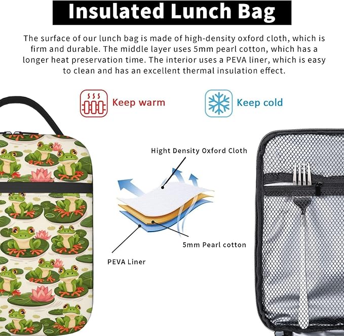 Frog Insulated Lunch Box for Women Men Frog Lunch Bag for Travel,or Fishing Polyester