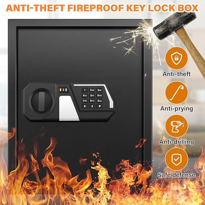 71 Keys Fireproof Key Lock Box, Anti-Theft Key Box Wall Mount with Adjustable Hook Plates, Key Tags and Side Opening, Key Safe Key Cabinet Key Organizer for Home Office Garage Rental Business